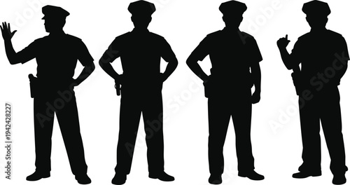 Police officer silhouettes, law enforcement figures, authority posture, uniform design, teamwork, security lifestyle, protection illustration concept