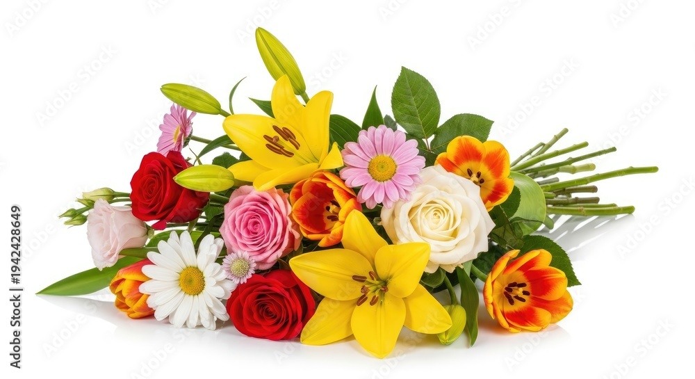 Obraz premium A colorful bouquet of flowers including roses, lilies, and daisies, with green leaves and stems, against a white background.