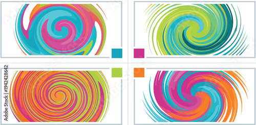 Vibrant swirling patterns in a 2x2 grid arrangement showcasing colorful abstract designs