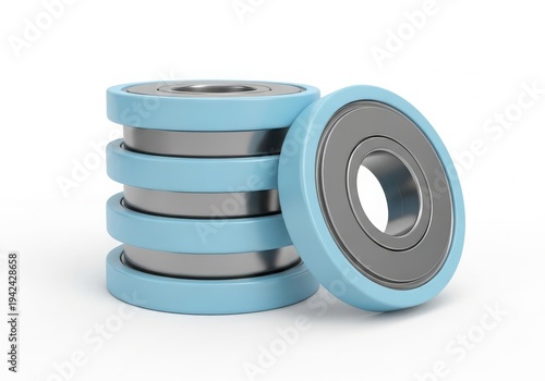 A stack of blue and silver ball bearings against a white background isolated on white background