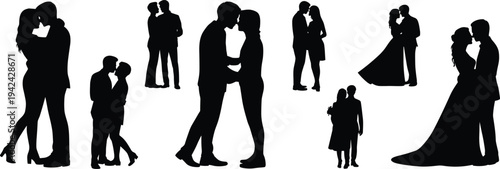 Romantic couple silhouettes, love embrace, kissing, wedding attire, intimacy, affection, relationship lifestyle, romance illustration design concept