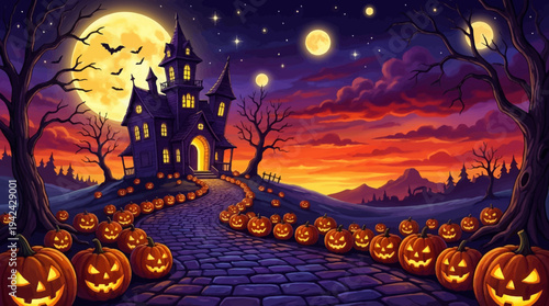 Spooky Halloween Haunted House with Jack-O'-Lantern Path under a Full Moon Night Sky Digital Illustration