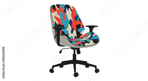 Modern ergonomic office chair featuring a vibrant and colorful abstract camouflage pattern upholstery on its back and seat.