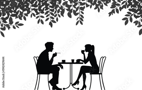 silhouette, couple, cafe, coffee, date, people, table, restaurant, conversation, love, meeting, drink, lifestyle, romance, illustration, vector, isolated, design