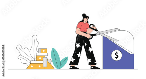 Creative business concept showing woman using giant scissors to cut blue budget shape near stacks of coins for cost reduction concept.