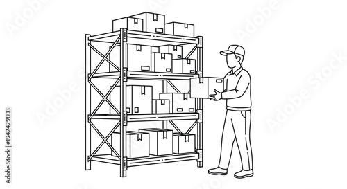 Industrial line art drawing of warehouse worker in cap placing cardboard box onto metal storage rack for logistics and inventory management.