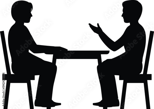Two people silhouettes, sitting at table, discussion posture, communication dialogue, meeting lifestyle, interview illustration design concept