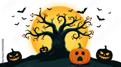 Spooky Halloween Landscape with Haunted Tree, Jack-O'-Lanterns, and Bats under Full Moon Illustration