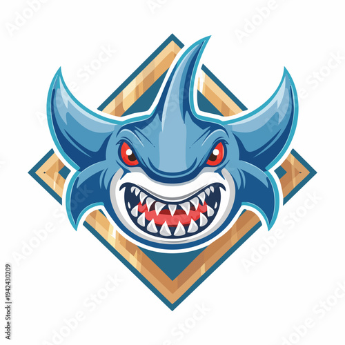 Aggressive blue shark head logo in a diamond emblem design