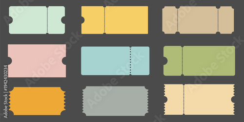 Ticket template set in flat vector style. Horizontal collection of colorful blank vouchers and coupons with perforation. Minimalist design for event admission or discount promotion.
