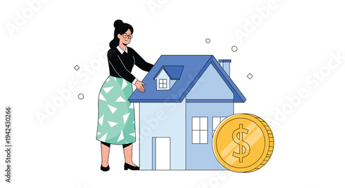 Woman in a long skirt places her hand on a blue house model next to a large gold coin to represent home investment and real estate.