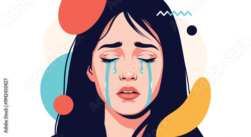 Emotional illustration of a young woman with dark hair crying with large blue tears against an abstract colorful background with shapes.