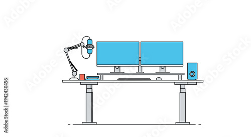 Professional workstation with a height-adjustable desk, two computer monitors, a microphone arm, and speakers for streaming or podcasting.