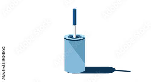 Toilet brush in a blue cylindrical holder set against a white background with a long shadow for bathroom hygiene and maintenance.