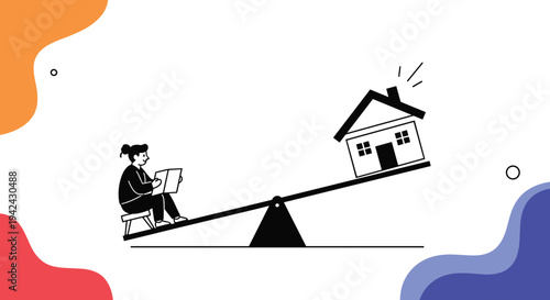 Conceptual illustration of a person reading on a seesaw balanced against a small house representing home education and mortgage balance.