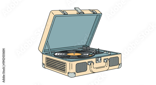 Vintage style portable record player designed as a suitcase with a vinyl record spinning on the turntable for retro music lovers.