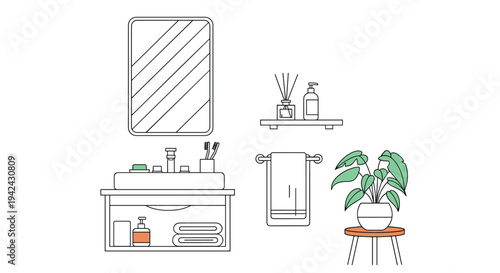 Modern bathroom interior showing a sink, mirror, towel, plant, and various grooming products in a clean line art style for home care.