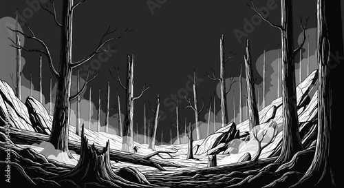 Dark and atmospheric landscape of a burnt-out forest with dead trees and rocks after a wildfire disaster representing environmental loss.