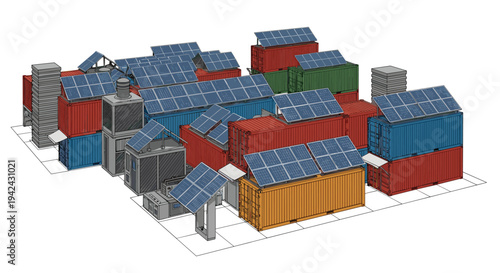 Group of colorful shipping containers repurposed with solar panels on top for sustainable living or industrial site use in a layout.