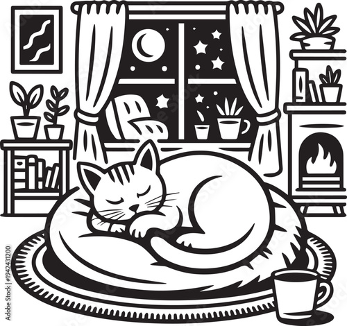 Cat sleeping on a round mat near a window with a moon and stars outside