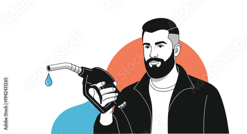 Man with a beard holding a black fuel pump nozzle with a single drop of fuel dripping from it for energy crisis or automotive theme.
