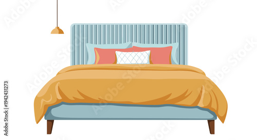 Modern bed with a blue headboard, yellow duvet, and colorful pillows in a minimalist bedroom setting for home interior and comfort.