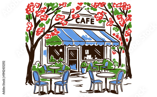 Charming Street Cafe Artwork. Cozy morning coffee vibes, spring blossom trees, outdoor bistro seating illustration for wall decor, print, and statione