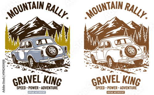 Mountain Rally Gravel King. Vintage motorsport car illustration. Off-road racing graphic print design for t-shirt, sticker, and outdoor adventure.