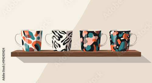 Set of four coffee mugs with different abstract and animal print patterns sitting on a wooden wall shelf for kitchen organization.