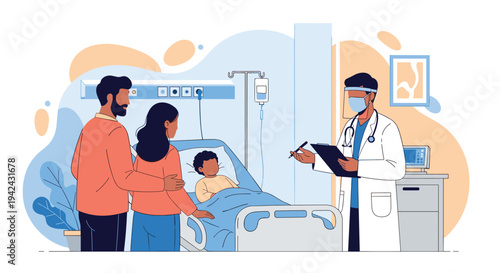 Medical doctor discussing health condition with parents while a young child rests in a hospital bed with intravenous equipment.