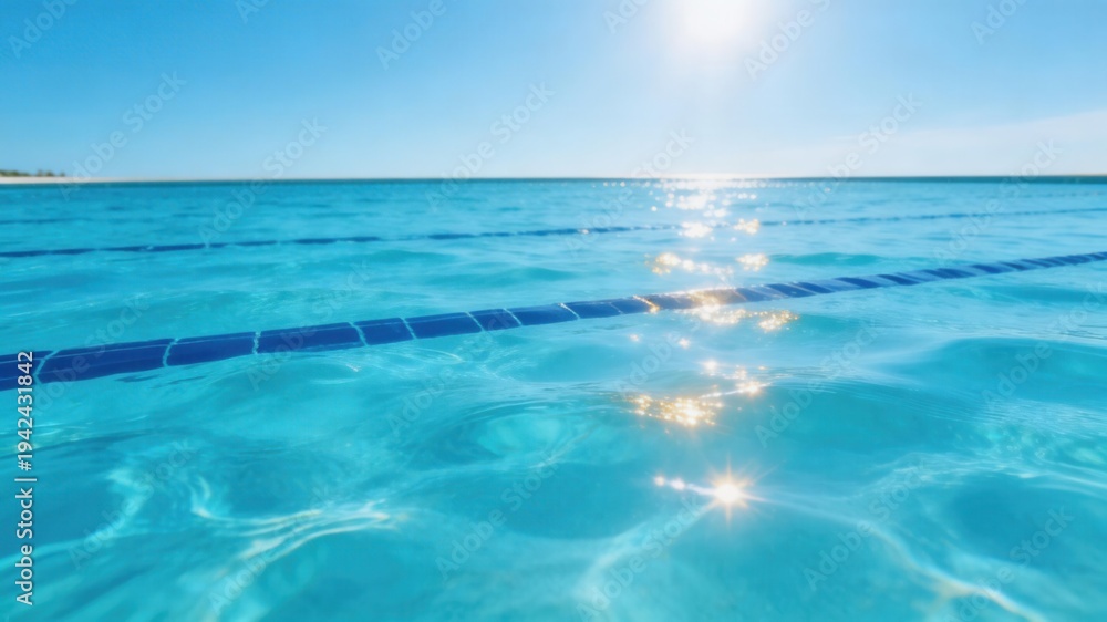 Obraz premium Sparkling Blue Oasis: A pristine swimming pool shimmers under a radiant sun, inviting a moment of tranquility. The clear water, a canvas of endless blue, meets the bright horizon.