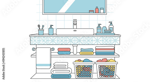 Well-organized bathroom vanity featuring a sink, mirror, toiletries, folded towels, and laundry baskets under the counter.