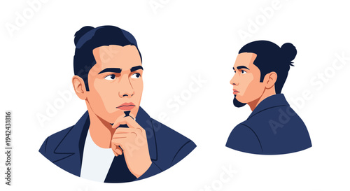 Dual portraits of a young man with a man bun hairstyle showing both a front and profile view in a flat illustration style.