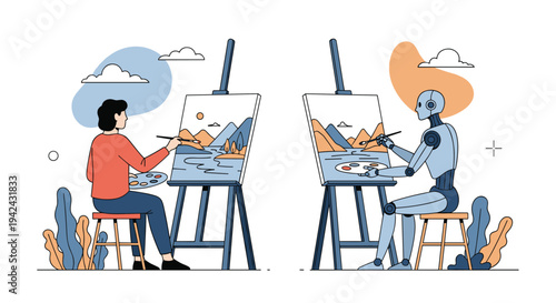 Comparison between a human artist and a robotic artist both painting the same landscape on canvases in an outdoor setting.