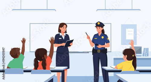 Female police officer giving a safety presentation to school children in a classroom while a teacher looks on.