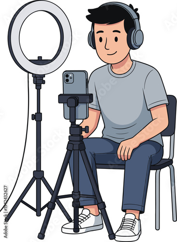 Content creator recording video with smartphone, ring light and tripod illustration representing vlogging, live streaming, influencer marketing and digital media production concept