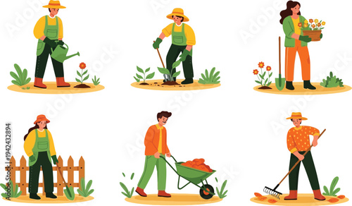 Gardeners at work various activities in a vibrant illustration