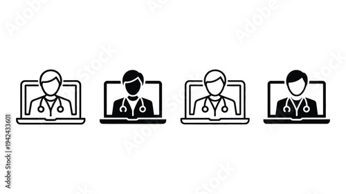 Online digital medicine line and silhouette icon set, telemedicine and virtual healthcare service signs, doctor at computer, online medical consultation and healthcare pictogram collection
