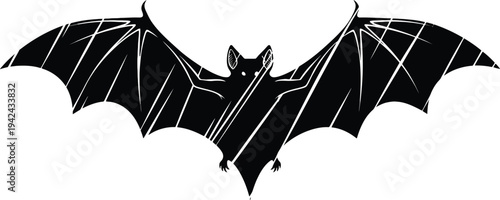 A black bat silhouette with white lines on its wings