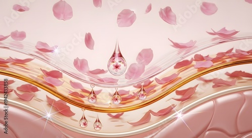 Microscopic view of skin layers with rose extract serum and falling petals