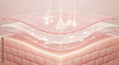 Microscopic 3d render of skin layers showing hydration serum and collagen elasticity