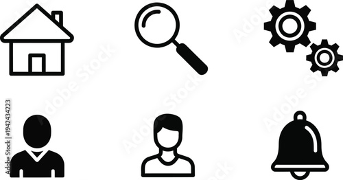 Collection of six simple black and white icons for business or website use