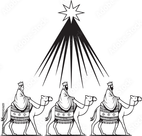 Three Kings on Camels Following a Bright Star biblical black and white