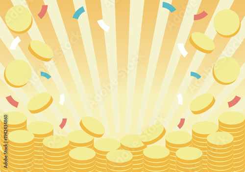 Golden coins falling with confetti background. Image of wealth, savings, and success.