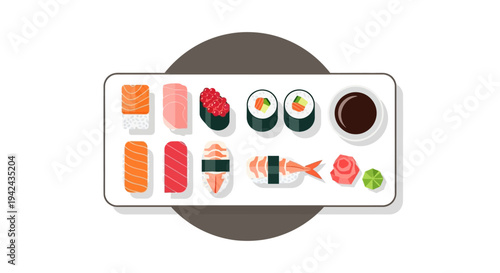 Assorted sushi and sashimi set with soy sauce and ginger