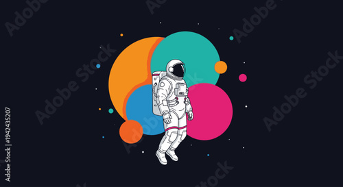 Astronaut floating in colorful abstract outer space illustration