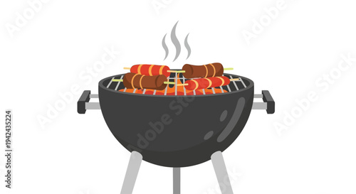 Barbecue grill cooking sausages on skewers with smoke