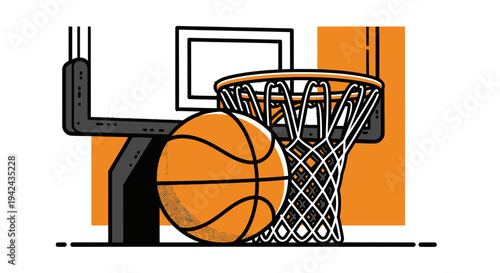Basketball dropping through net and hoop illustration