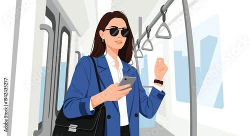 Professional woman wearing a blue blazer and sunglasses using her smartphone while commuting on a subway train.