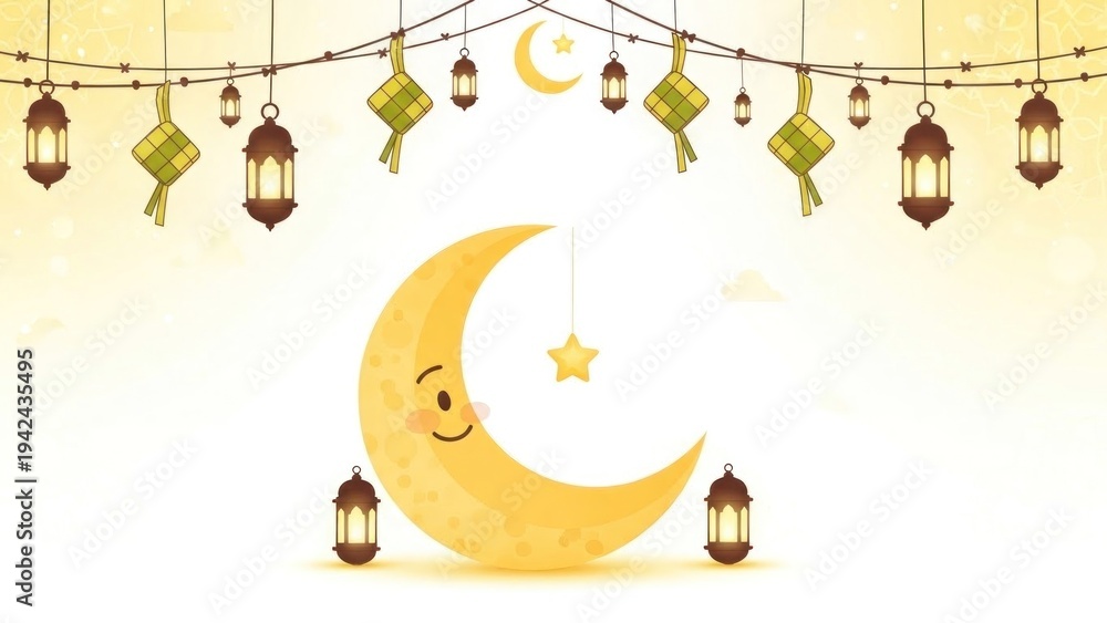 Naklejka premium A smiling cartoon crescent moon with a star, surrounded by lanterns and decorations